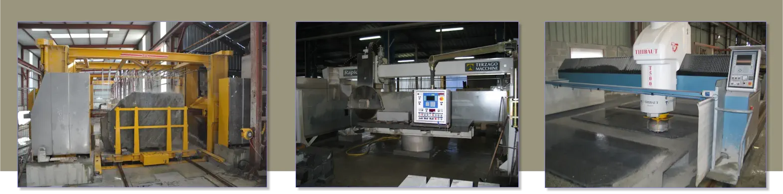 Machines de l'usine de transformation : scie à fils diamantés, scie à disque et centre d'usinage pour la pierre bleue