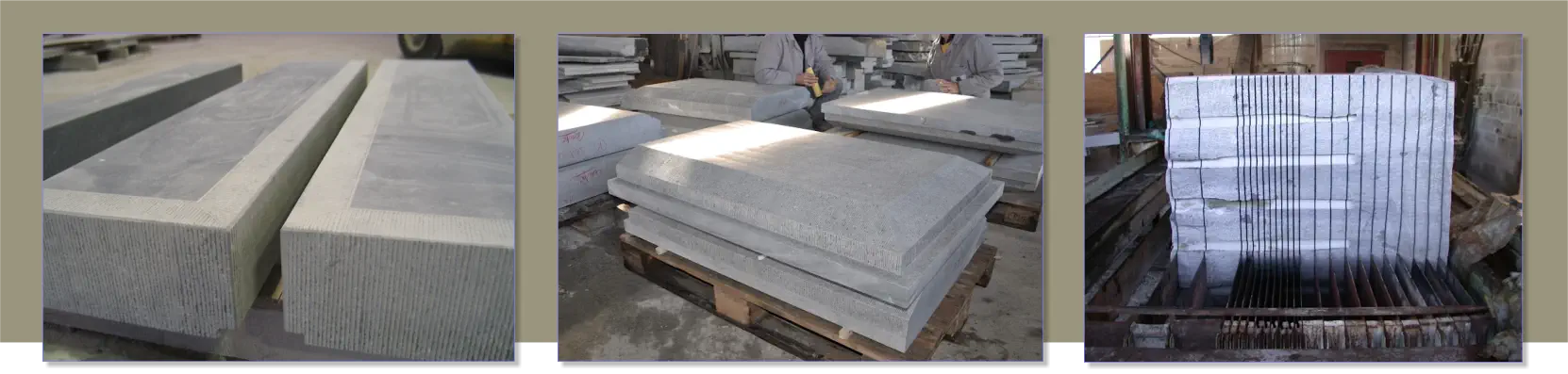 Pierres bleues façonnées, dalles sur palette et bloc en cours de sciage au fil diamanté