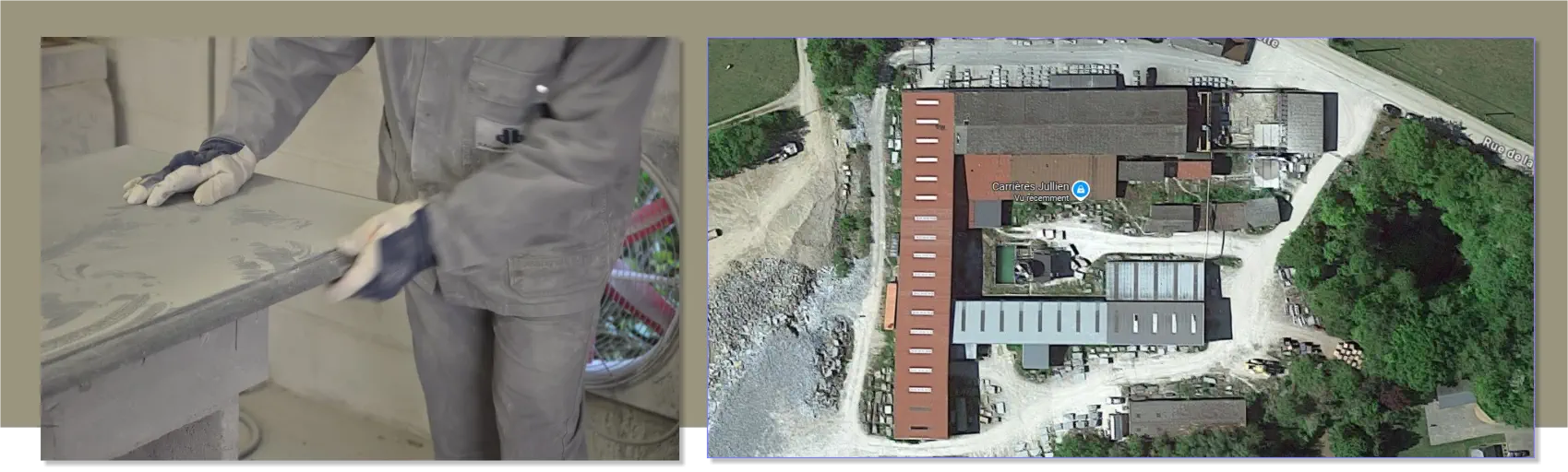 Finition manuelle d'une pierre bleue et vue aérienne du site des Carrières Jullien aux Avins